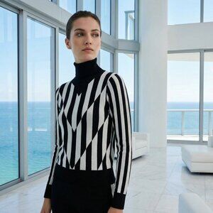 $260 SAUNDERS Black White striped sweater L modern minimalist bold!